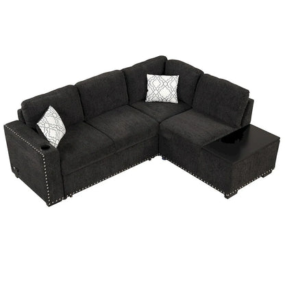 Canapé-lit d'angle en forme de L de 213 cm (83,8 pouces) avec méridienne de rangement, ports USB, prises électriques et porte-gobelet