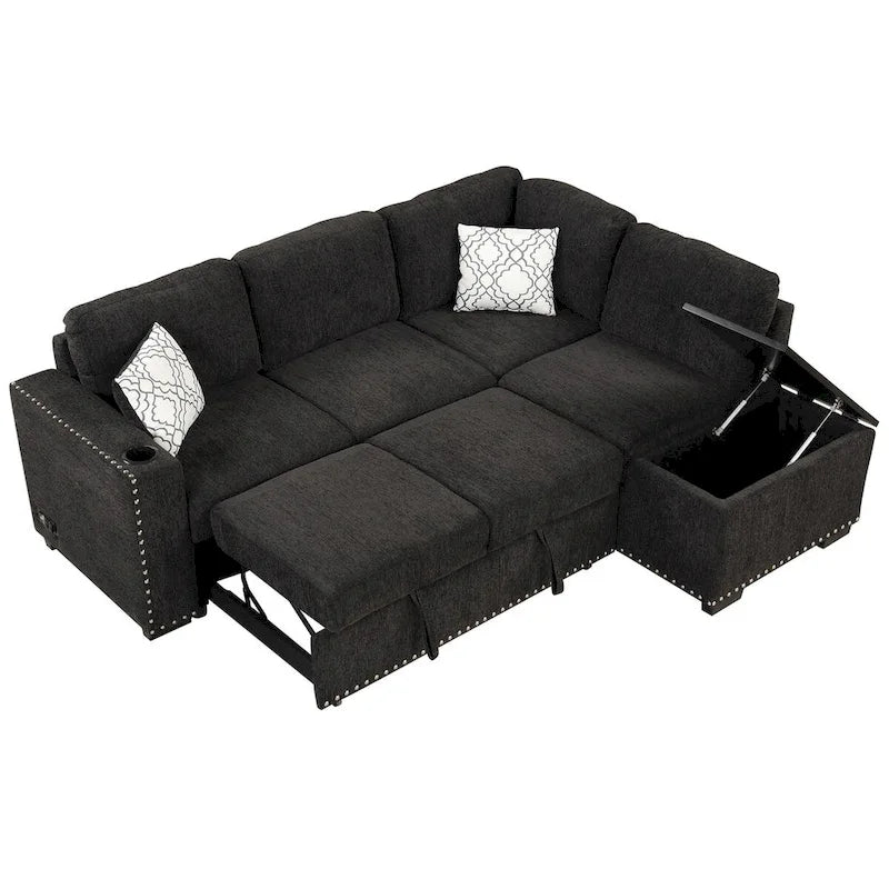 Canapé-lit d'angle en forme de L de 213 cm (83,8 pouces) avec méridienne de rangement, ports USB, prises électriques et porte-gobelet