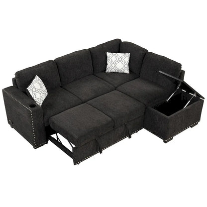 Canapé-lit d'angle en forme de L de 213 cm (83,8 pouces) avec méridienne de rangement, ports USB, prises électriques et porte-gobelet