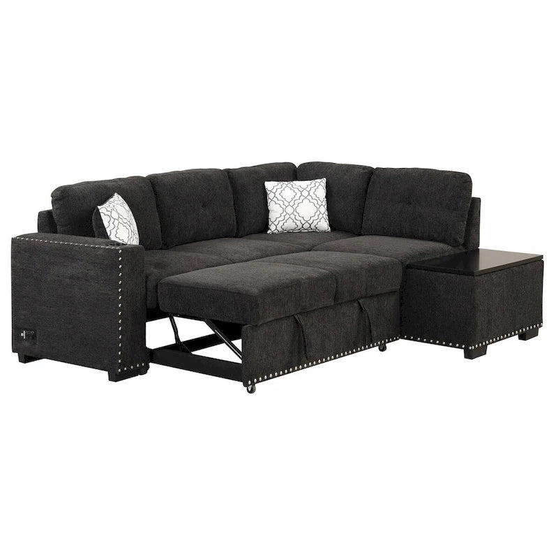 Canapé-lit d'angle en forme de L de 213 cm (83,8 pouces) avec méridienne de rangement, ports USB, prises électriques et porte-gobelet