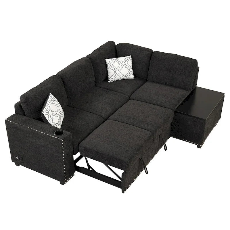 Canapé-lit d'angle en forme de L de 213 cm (83,8 pouces) avec méridienne de rangement, ports USB, prises électriques et porte-gobelet