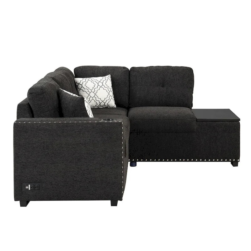 Canapé-lit d'angle en forme de L de 213 cm (83,8 pouces) avec méridienne de rangement, ports USB, prises électriques et porte-gobelet