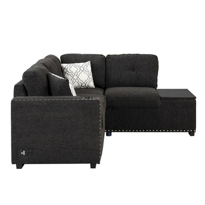 Canapé-lit d'angle en forme de L de 213 cm (83,8 pouces) avec méridienne de rangement, ports USB, prises électriques et porte-gobelet