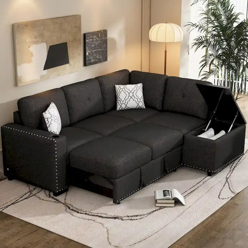 Canapé-lit d'angle en forme de L de 213 cm (83,8 pouces) avec méridienne de rangement, ports USB, prises électriques et porte-gobelet