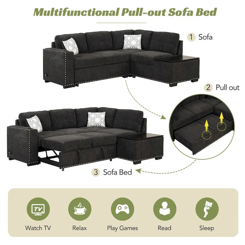 Canapé-lit d'angle en forme de L de 213 cm (83,8 pouces) avec méridienne de rangement, ports USB, prises électriques et porte-gobelet
