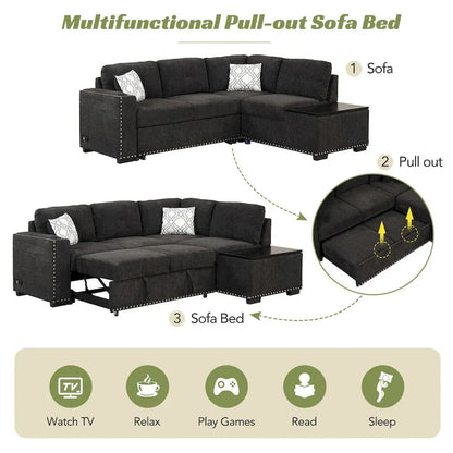 Canapé-lit d'angle en forme de L de 213 cm (83,8 pouces) avec méridienne de rangement, ports USB, prises électriques et porte-gobelet