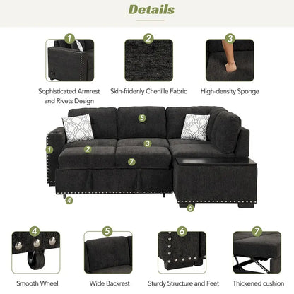 Canapé-lit d'angle en forme de L de 213 cm (83,8 pouces) avec méridienne de rangement, ports USB, prises électriques et porte-gobelet