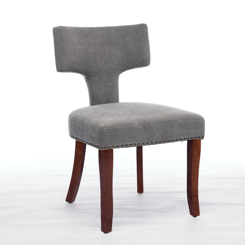Ensemble de 2 chaises de salle à manger, assise rembourrée en lin, dossier incurvé orné de clous en cuivre, structure en bois massif.