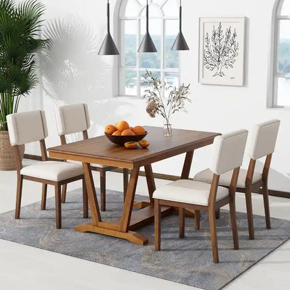Ensemble de salle à manger rustique 5 pièces avec 4 chaises rembourrées, table rectangulaire de 150 cm (59 pouces) avec piètement à tréteaux.