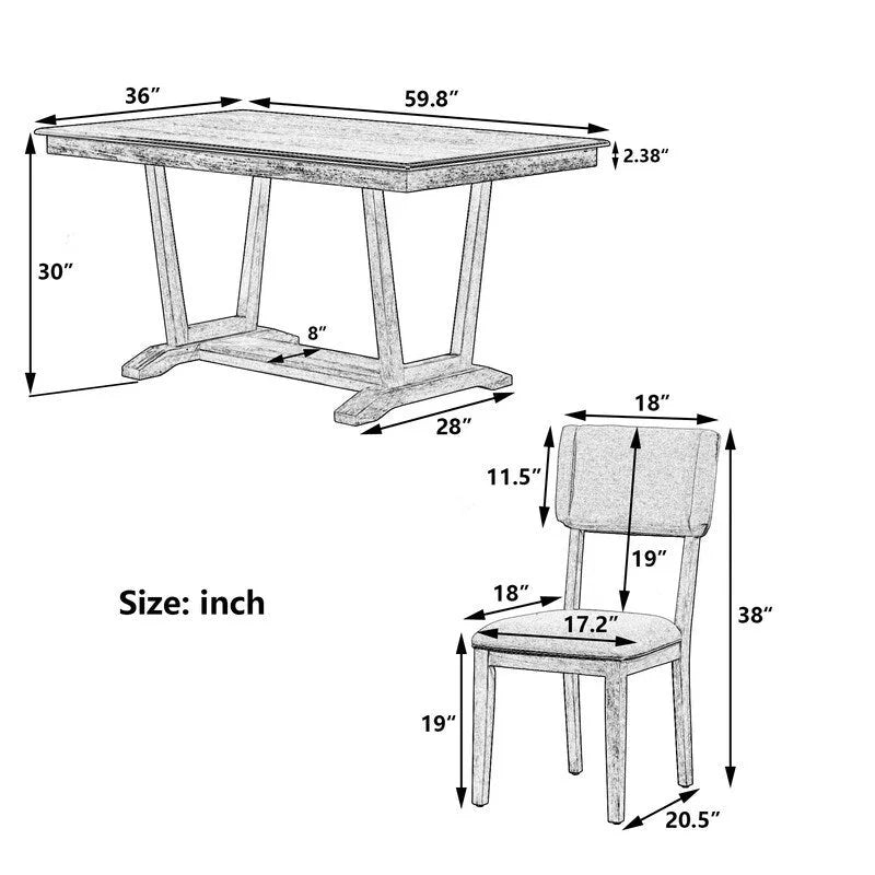 Ensemble de salle à manger rustique 5 pièces avec 4 chaises rembourrées, table rectangulaire de 150 cm (59 pouces) avec piètement à tréteaux.