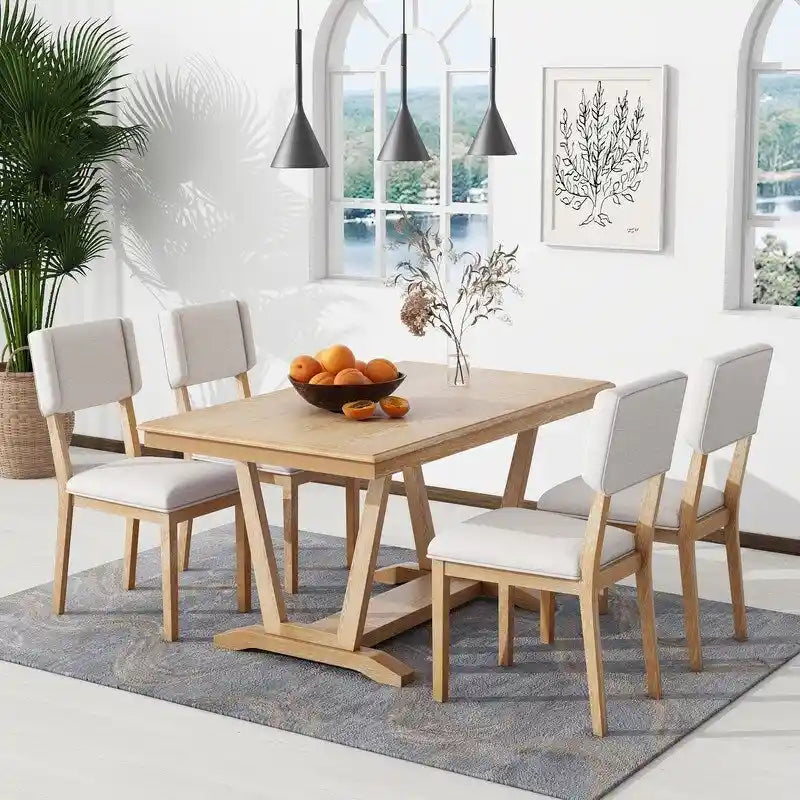 Ensemble de salle à manger rustique 5 pièces avec 4 chaises rembourrées, table rectangulaire de 150 cm (59 pouces) avec piètement à tréteaux.
