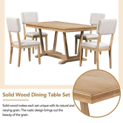 Ensemble de salle à manger rustique 5 pièces avec 4 chaises rembourrées, table rectangulaire de 150 cm (59 pouces) avec piètement à tréteaux.