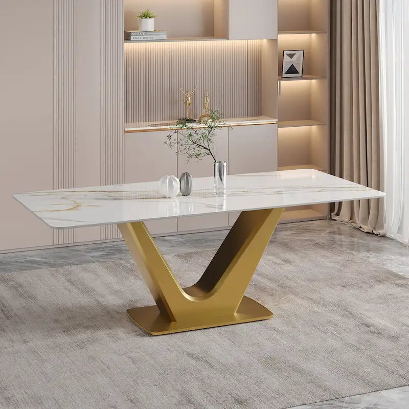 71  Modern Rectangular Dining Table for 6, White Glossy Sintered Stone top with Gold Stainless Steel Legs