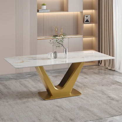 71  Modern Rectangular Dining Table for 6, White Glossy Sintered Stone top with Gold Stainless Steel Legs