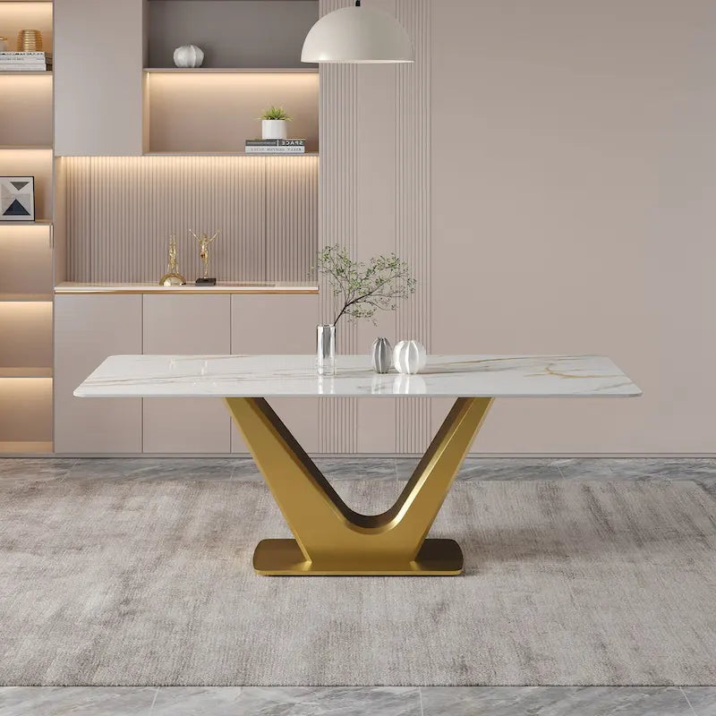Table de salle à manger rectangulaire moderne 71 pour 6 personnes, plateau en pierre frittée blanche brillante et pieds en acier inoxydable doré