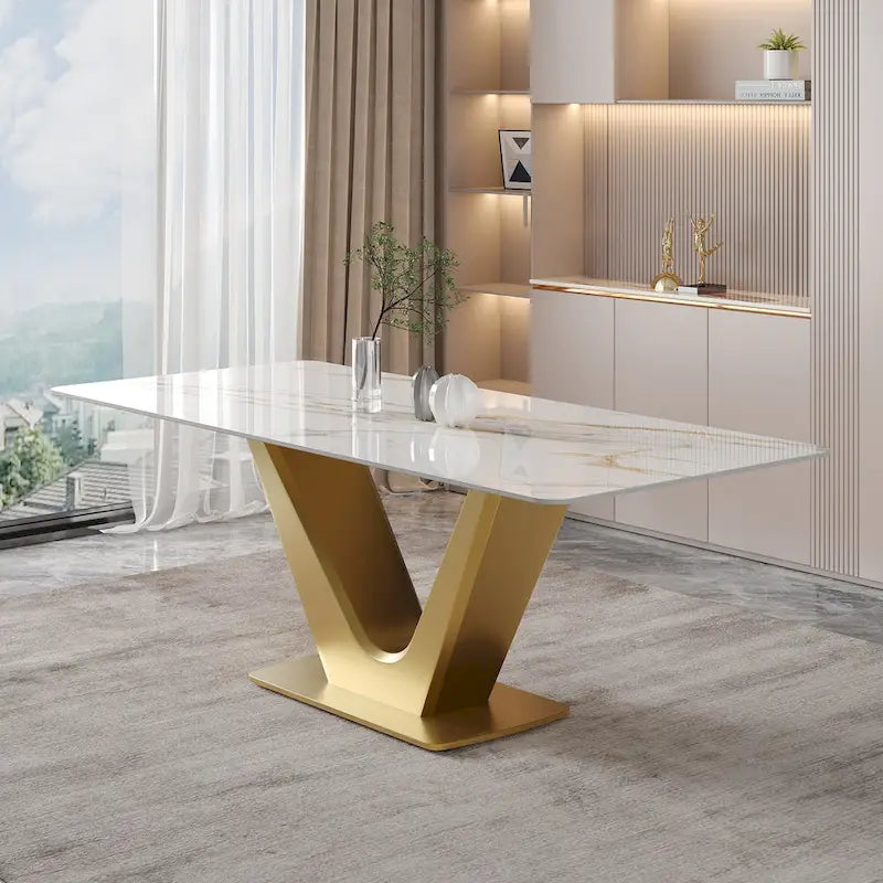 Table de salle à manger rectangulaire moderne 71 pour 6 personnes, plateau en pierre frittée blanche brillante et pieds en acier inoxydable doré