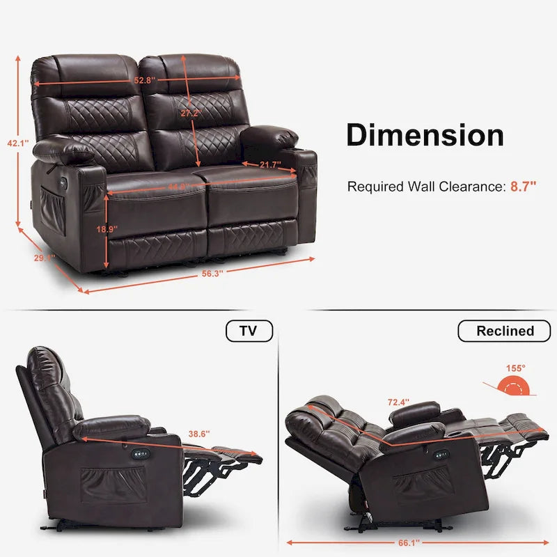 Canapé inclinable électrique MCombo, avec fonction chauffante et vibrante, ports USB et porte-gobelets PR622