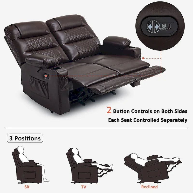Canapé inclinable électrique MCombo, avec fonction chauffante et vibrante, ports USB et porte-gobelets PR622