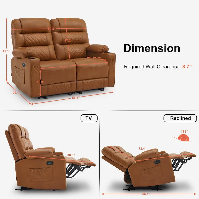 Canapé inclinable électrique MCombo, avec fonction chauffante et vibrante, ports USB et porte-gobelets PR622