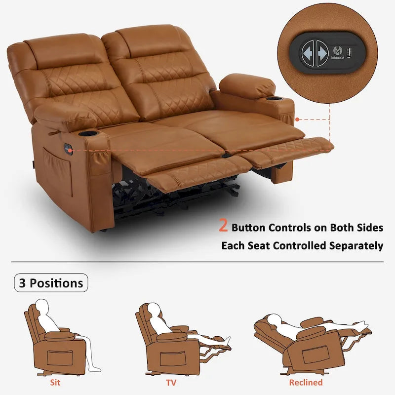 Canapé inclinable électrique MCombo, avec fonction chauffante et vibrante, ports USB et porte-gobelets PR622