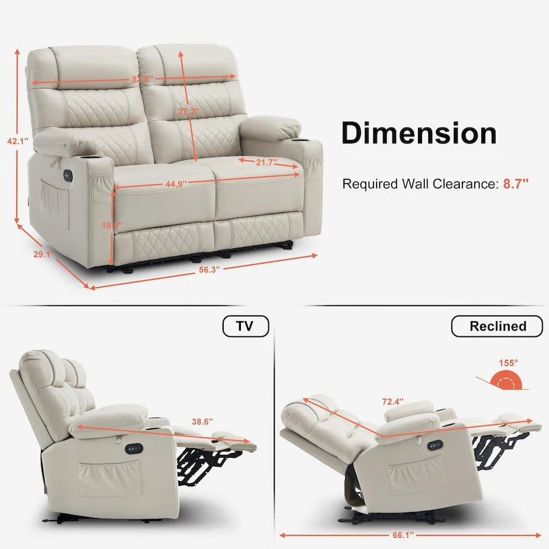 Canapé inclinable électrique MCombo, avec fonction chauffante et vibrante, ports USB et porte-gobelets PR622