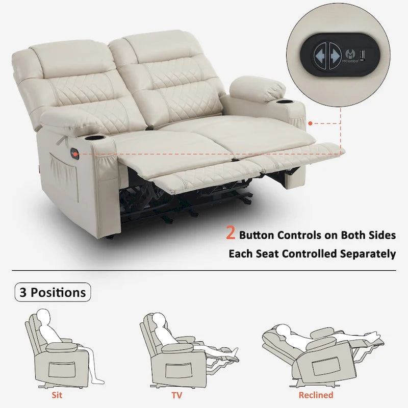 Canapé inclinable électrique MCombo, avec fonction chauffante et vibrante, ports USB et porte-gobelets PR622
