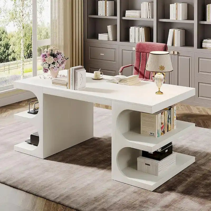 Bureau d'ordinateur de direction de 157 cm (62 pouces), grand bureau avec étagères, bureau d'écriture
