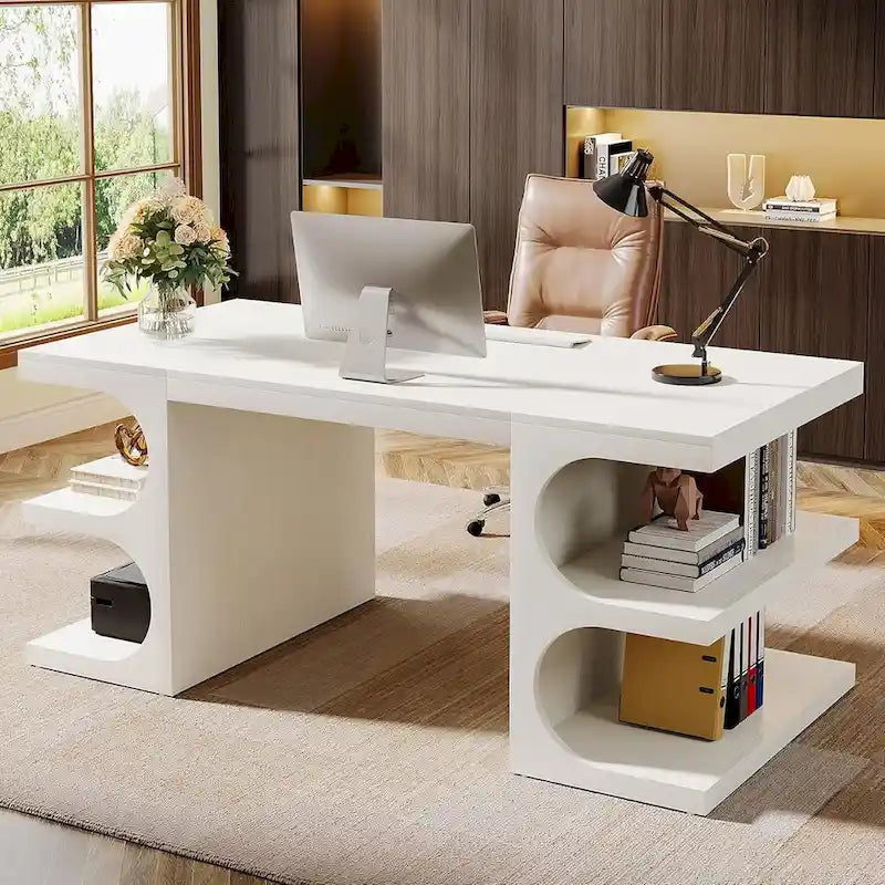Bureau d'ordinateur de direction de 157 cm (62 pouces), grand bureau avec étagères, bureau d'écriture