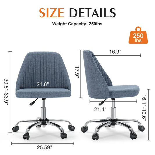 Chaise de bureau sans accoudoirs avec roulettes, pivotante et réglable, idéale pour les petits espaces.