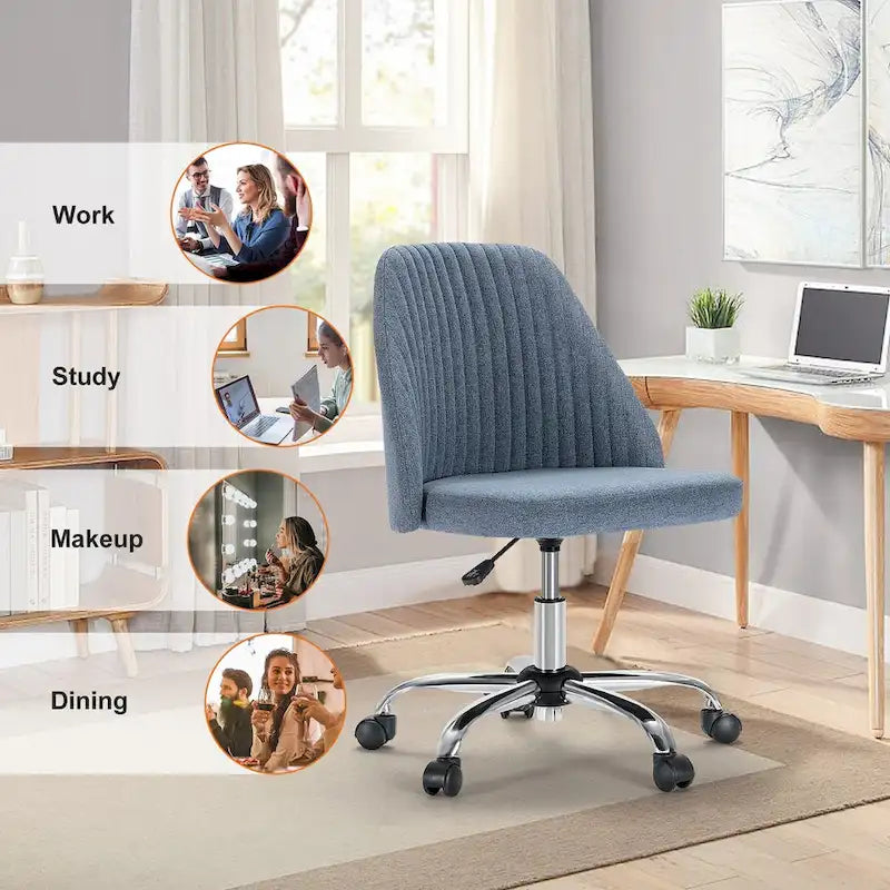 Chaise de bureau sans accoudoirs avec roulettes, pivotante et réglable, idéale pour les petits espaces.