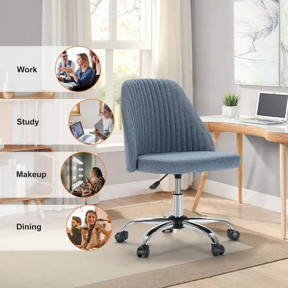 Chaise de bureau sans accoudoirs avec roulettes, pivotante et réglable, idéale pour les petits espaces.