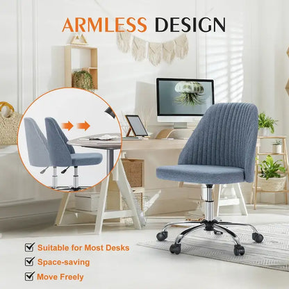 Chaise de bureau sans accoudoirs avec roulettes, pivotante et réglable, idéale pour les petits espaces.