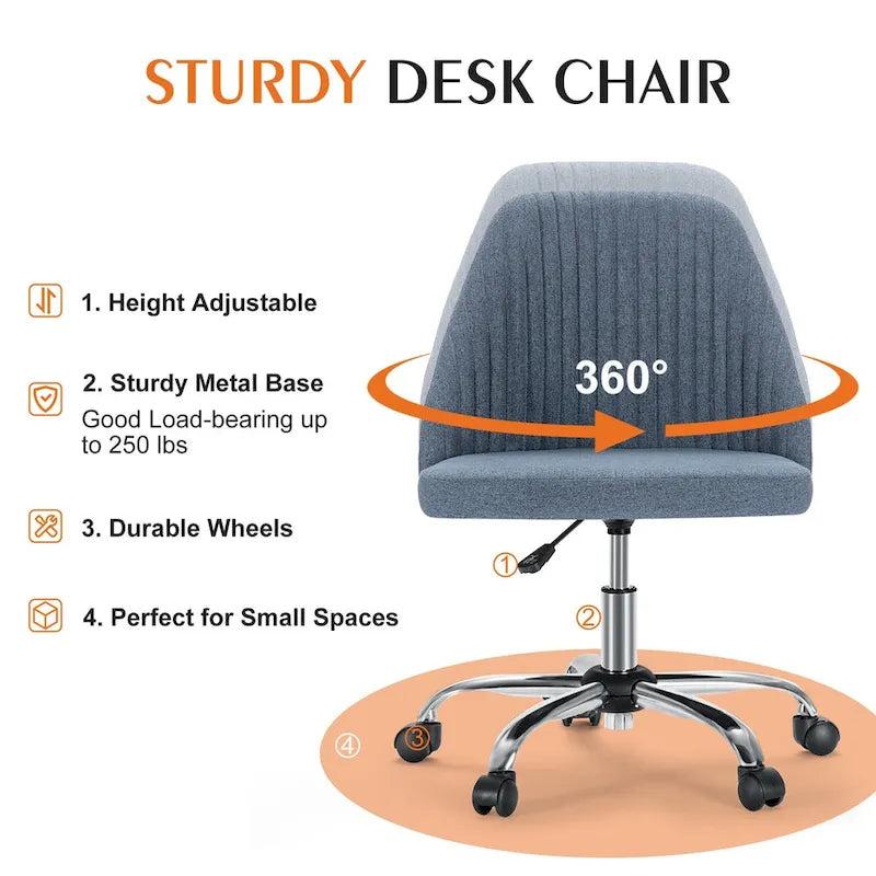 Chaise de bureau sans accoudoirs avec roulettes, pivotante et réglable, idéale pour les petits espaces.
