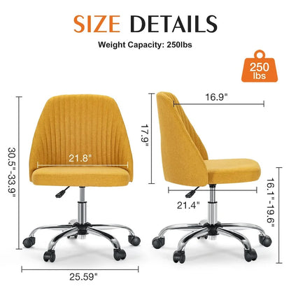 Chaise de bureau sans accoudoirs avec roulettes, pivotante et réglable, idéale pour les petits espaces.