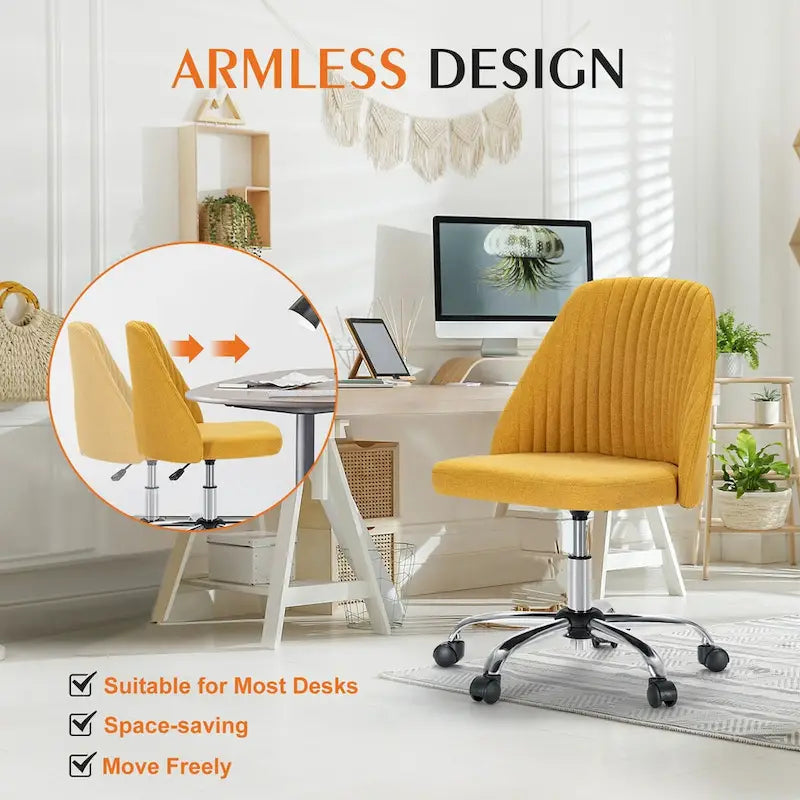 Chaise de bureau sans accoudoirs avec roulettes, pivotante et réglable, idéale pour les petits espaces.