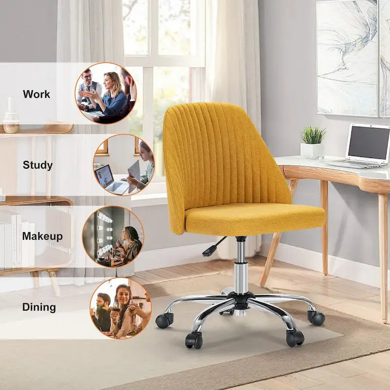 Chaise de bureau sans accoudoirs avec roulettes, pivotante et réglable, idéale pour les petits espaces.