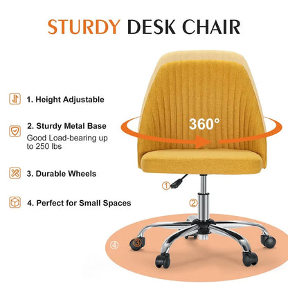 Chaise de bureau sans accoudoirs avec roulettes, pivotante et réglable, idéale pour les petits espaces.