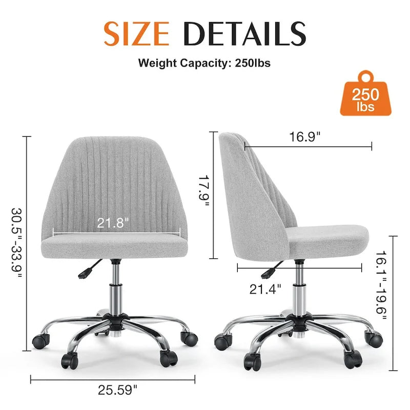 Chaise de bureau sans accoudoirs avec roulettes, pivotante et réglable, idéale pour les petits espaces.