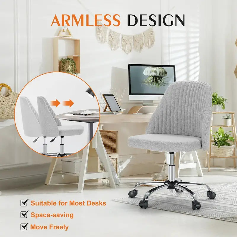 Chaise de bureau sans accoudoirs avec roulettes, pivotante et réglable, idéale pour les petits espaces.
