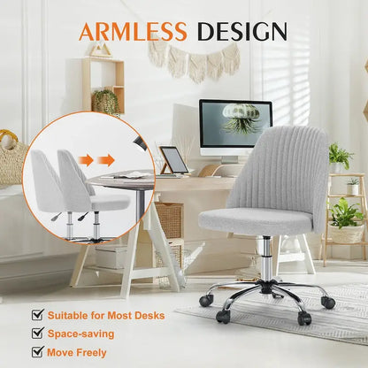 Chaise de bureau sans accoudoirs avec roulettes, pivotante et réglable, idéale pour les petits espaces.