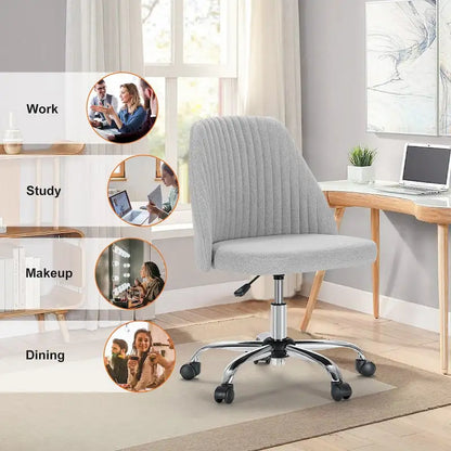 Chaise de bureau sans accoudoirs avec roulettes, pivotante et réglable, idéale pour les petits espaces.