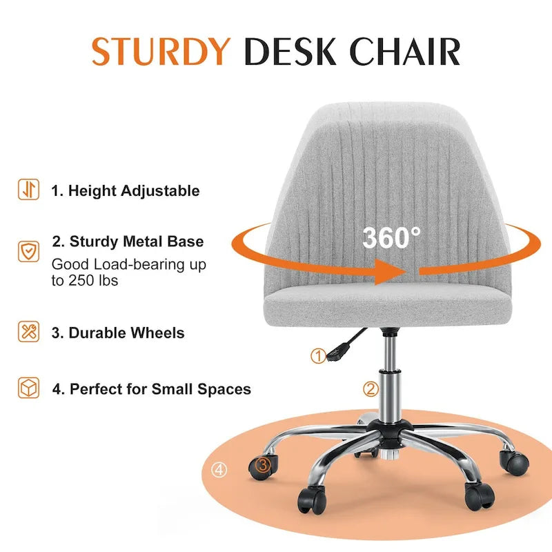 Chaise de bureau sans accoudoirs avec roulettes, pivotante et réglable, idéale pour les petits espaces.