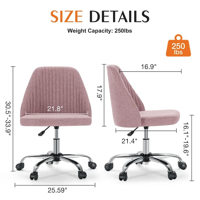 Chaise de bureau sans accoudoirs avec roulettes, pivotante et réglable, idéale pour les petits espaces.
