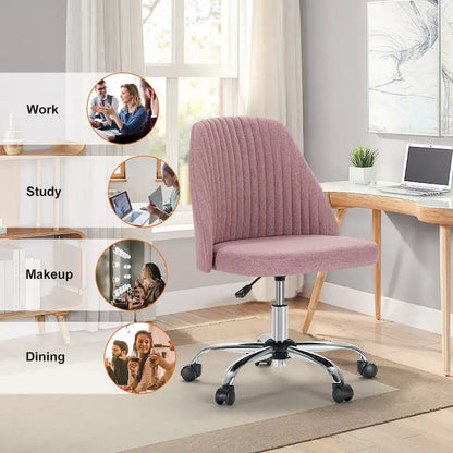 Chaise de bureau sans accoudoirs avec roulettes, pivotante et réglable, idéale pour les petits espaces.