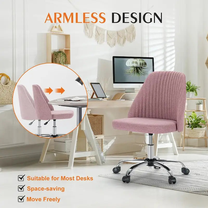 Chaise de bureau sans accoudoirs avec roulettes, pivotante et réglable, idéale pour les petits espaces.