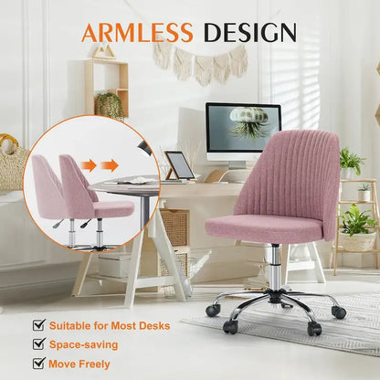 Chaise de bureau sans accoudoirs avec roulettes, pivotante et réglable, idéale pour les petits espaces.