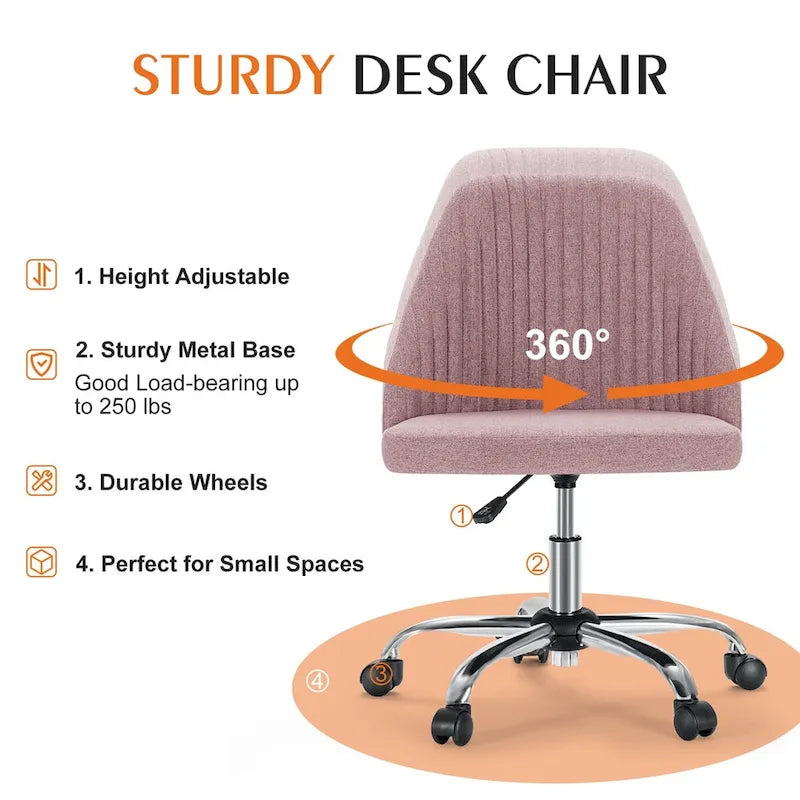 Chaise de bureau sans accoudoirs avec roulettes, pivotante et réglable, idéale pour les petits espaces.