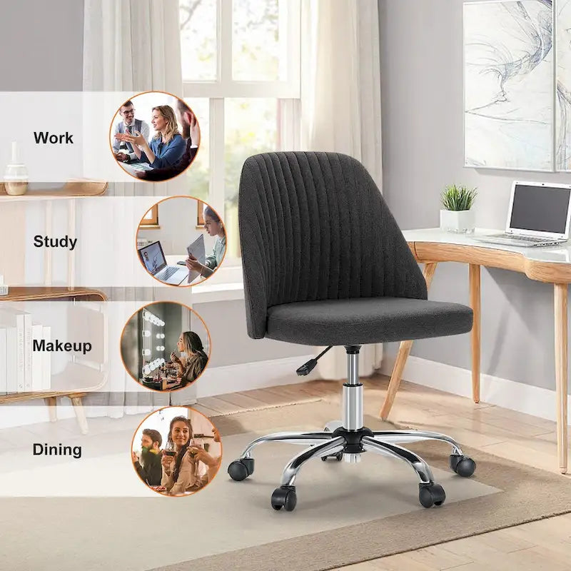 Chaise de bureau sans accoudoirs avec roulettes, pivotante et réglable, idéale pour les petits espaces.