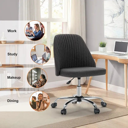 Chaise de bureau sans accoudoirs avec roulettes, pivotante et réglable, idéale pour les petits espaces.
