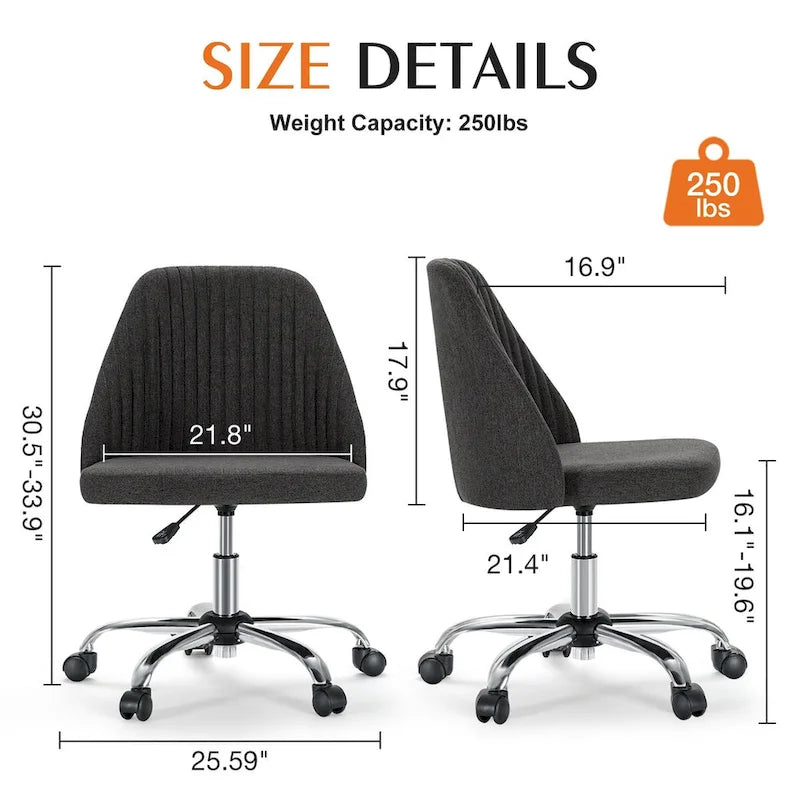 Chaise de bureau sans accoudoirs avec roulettes, pivotante et réglable, idéale pour les petits espaces.